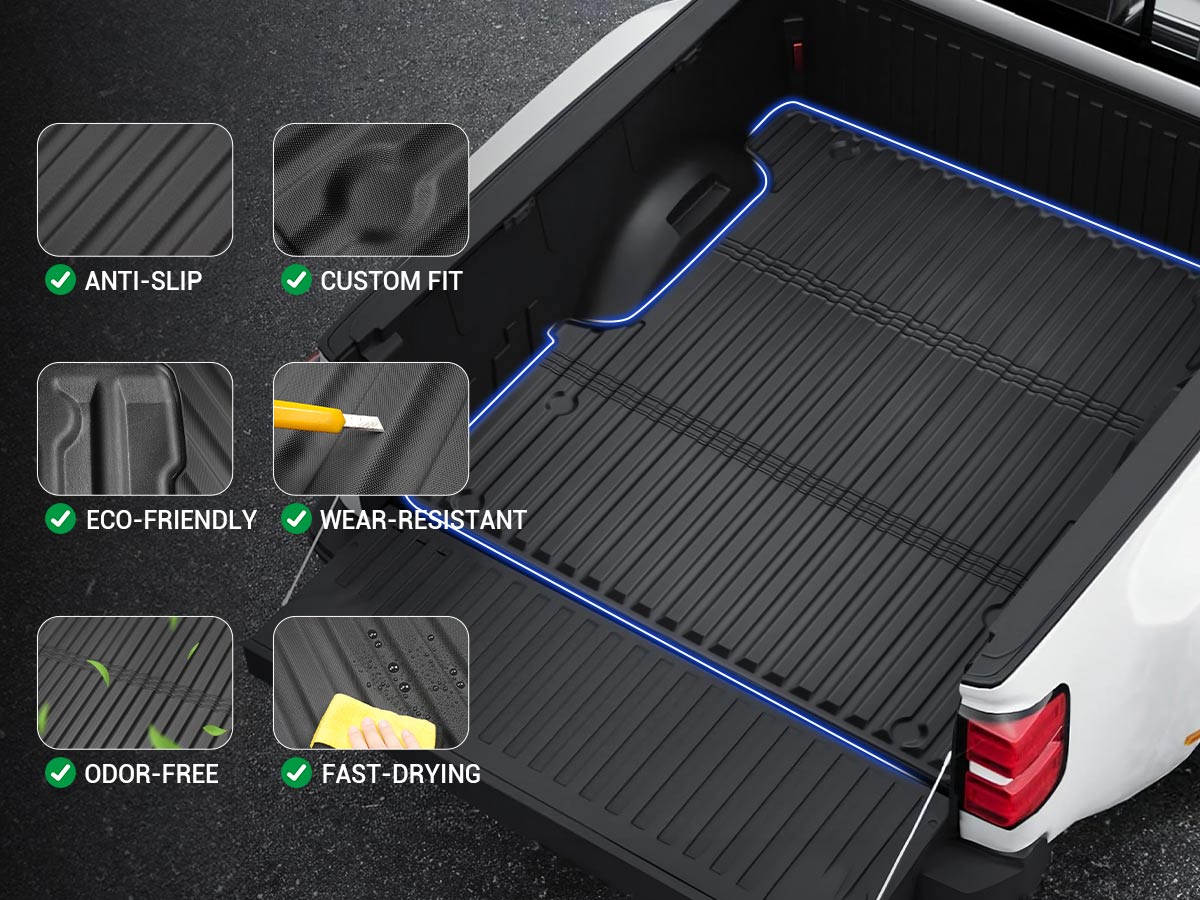All-weather durable rubber truck bed mat for Toyota Tundra 2022-2025 5FT, resistant to rain, snow, and mud.
