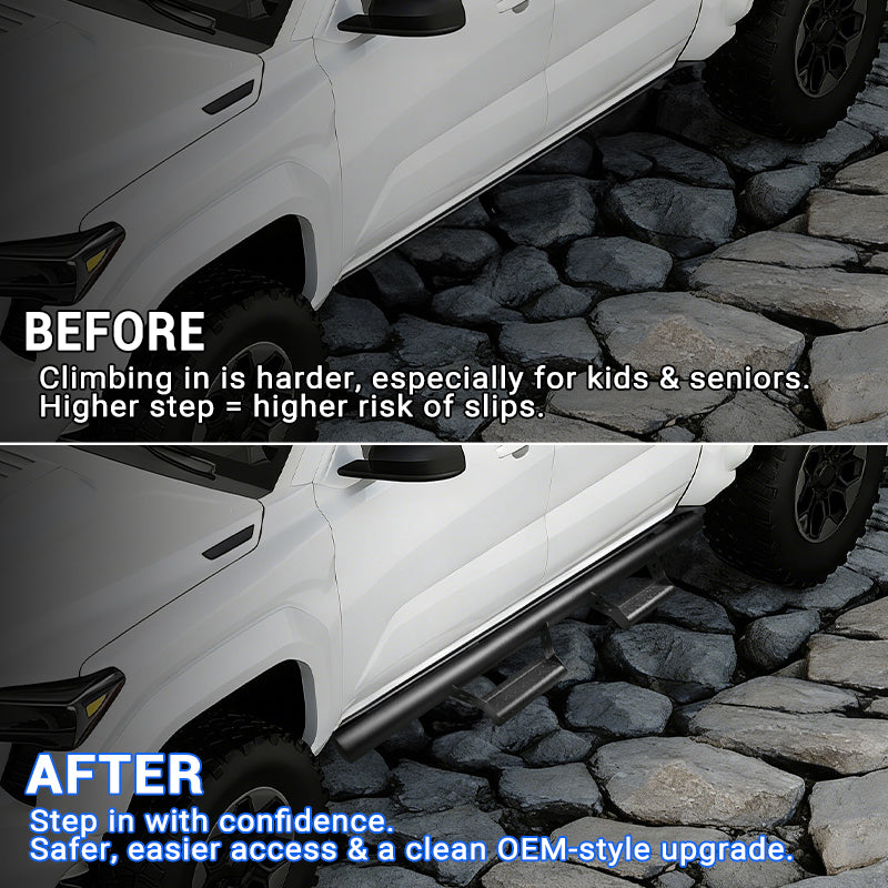 Extra wide 3.67 inch step surface Toyota Tacoma side steps running boards for safer footing