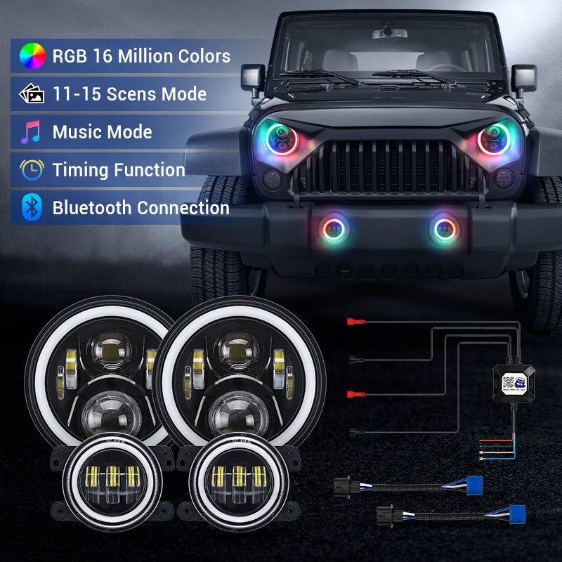 Newest LED RGB Color Changing Halo Headlight with Amber Turn Signal + Fog Light Kit Combo For 2007-2018 Jeep Wrangler JK