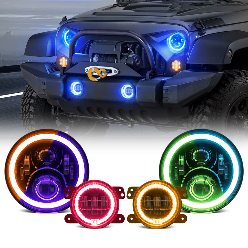 LED RGB Color Changing Halo Headlight with Amber Turn Signal + Fog Light Kit Combo For 2007-2018 Jeep Wrangler JK