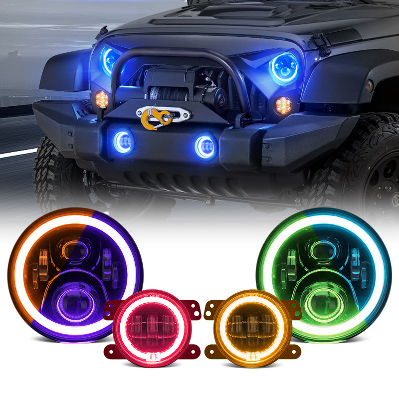 Newest LED RGB Color Changing Halo Headlight with Amber Turn Signal + Fog Light Kit Combo For 2007-2018 Jeep Wrangler JK