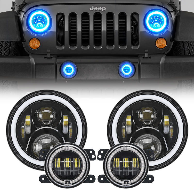 LED RGB Color Changing Halo Headlight with Amber Turn Signal + Fog Light Kit Combo For 2007-2018 Jeep Wrangler JK - LED Factory Mart