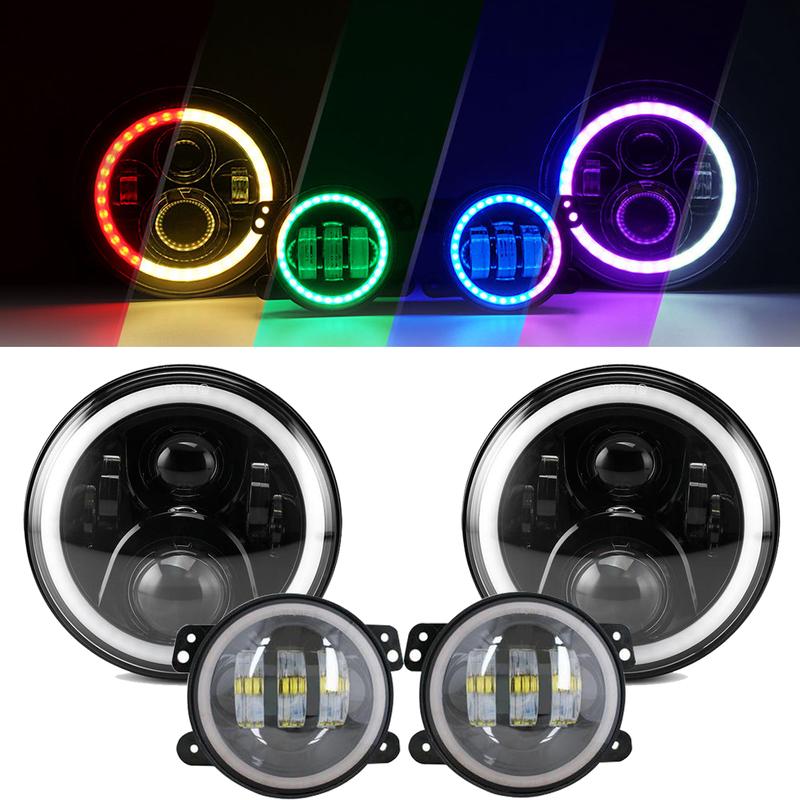 7inch RGB LED Headlights + 4inch LED Fog Light RGB Halos for Jeep Wrangler - LED Factory Mart