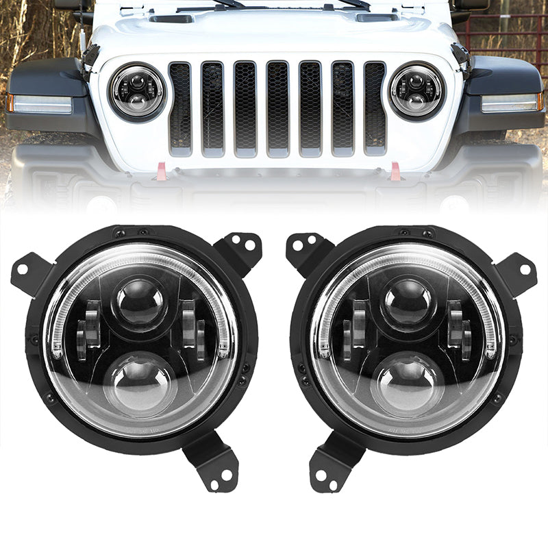 Brightest 120W LED Halo Headlight & 9'' Headlight Bracket Ring & 4" LED Fog Light For 2018+ Jeep Wrangler JL And Jeep Gladiator JT