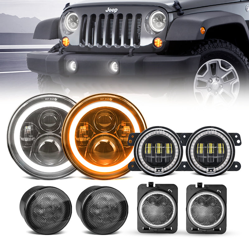 7" 80W Headlights, 4" Halo Fog Lights, Front & Fender Turn Signals - LED Factory Mart