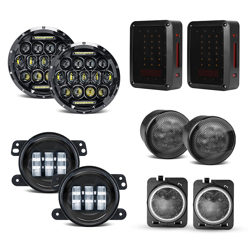 Jeep 7" Headlights, 4" Fog Lamps, Front Turn Signals, Fender Turn Signals & Taillights