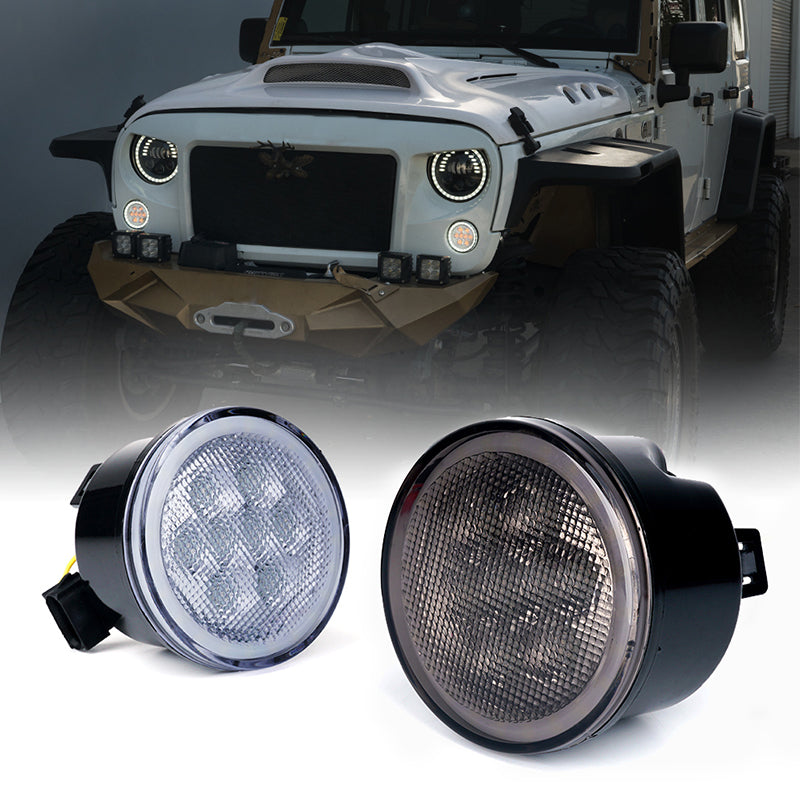 Smoke/Clear LED Amber Turn Signal Light with Halo DRL for 07-18 Jeep Wrangler JK