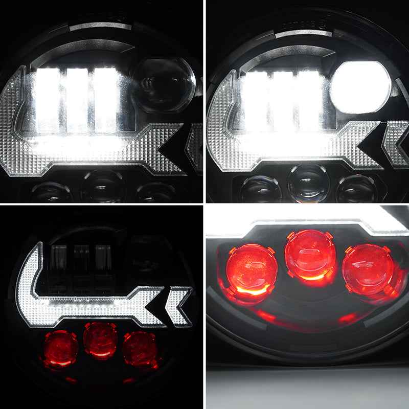 5.75" Harley LED Headlight With DRL & Turn Signals & Red Mood Lights 