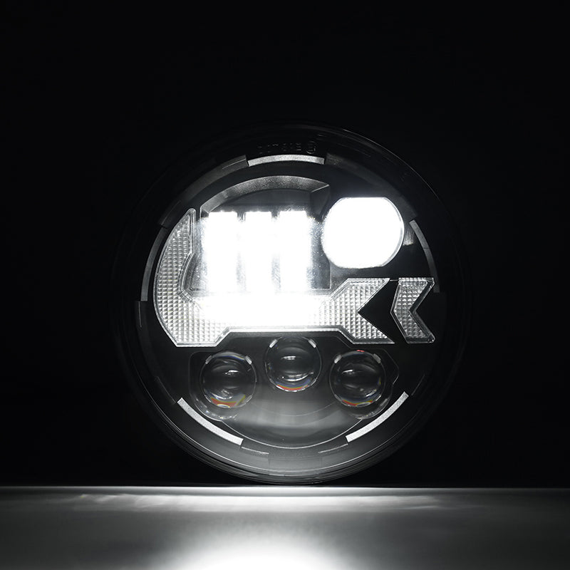 5.75" Harley LED Headlight With DRL & Turn Signals & Red Mood Lights 