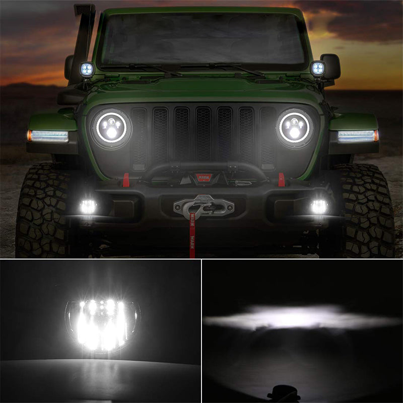 Brightest 120W LED Halo Headlight & 9'' Headlight Bracket Ring & 4" LED Fog Light For 2018+ Jeep Wrangler JL And Jeep Gladiator JT