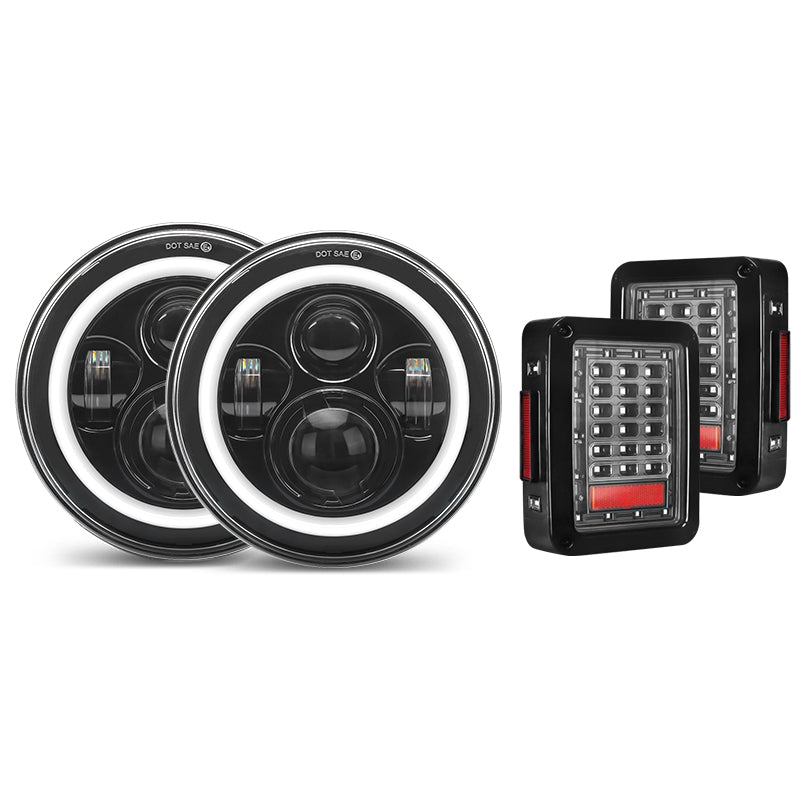 7 LED Headlight with Halo DRL and Turn Signal Lights & Clear Tail Light Combo
