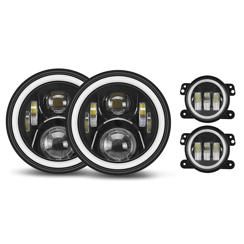 7inch RGB LED Headlights + 4inch LED Fog Light RGB Halos for Jeep Wrangler - LED Factory Mart