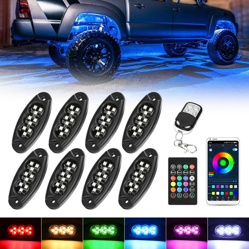 8 Pcs RGB Universal LED Rock Lights with Bluetooth APP and Remote Control