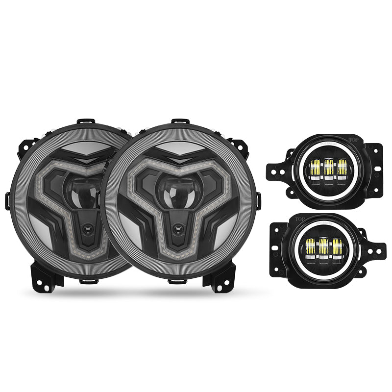 9 Inch LED Headlights With Halo DRL & Amber Turn Signals & LED Halo Fog Lights For 2018-Later Jeep Wrangler JL & Gladiator JT