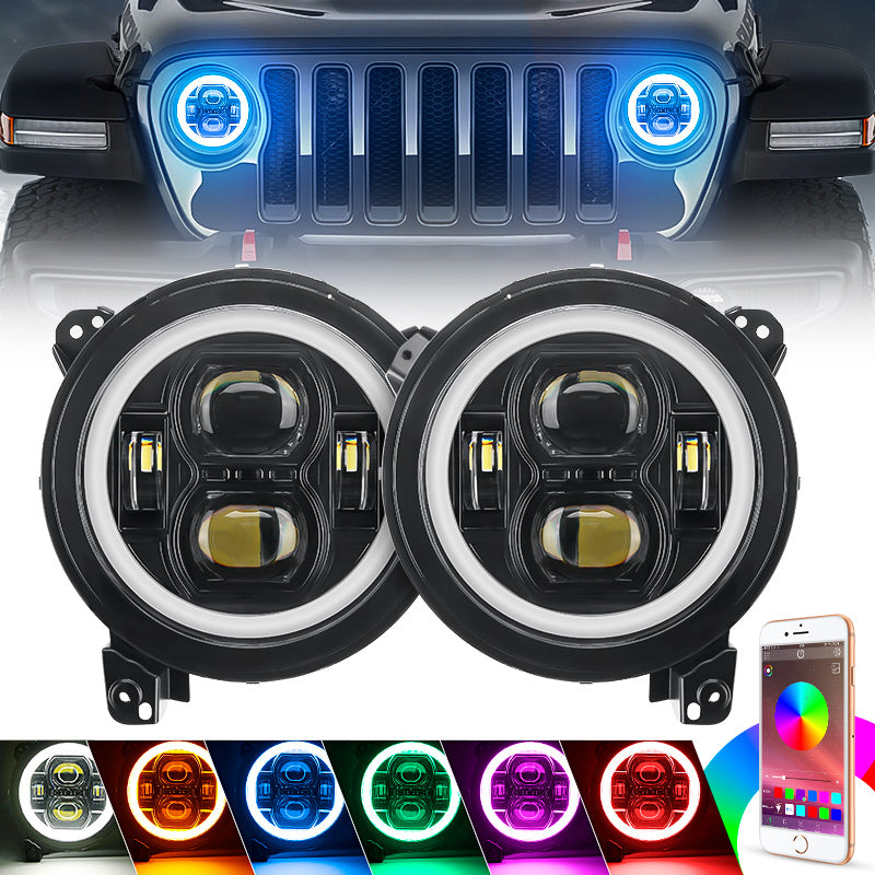 JL Mega Bundle - 9 Inch LED RGB Halo Headlights, RGB Fogs, Tail Lights, Brake Lights For Jeep Wrangler JL