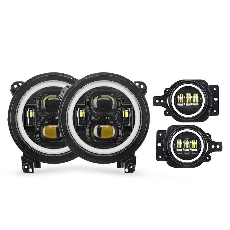 Classic 9" Halo LED Headlights With DRL & Amber Turn Signals & LED Halo Fog Lights For 2018-Later Jeep Wrangler JL And Gladiator JT