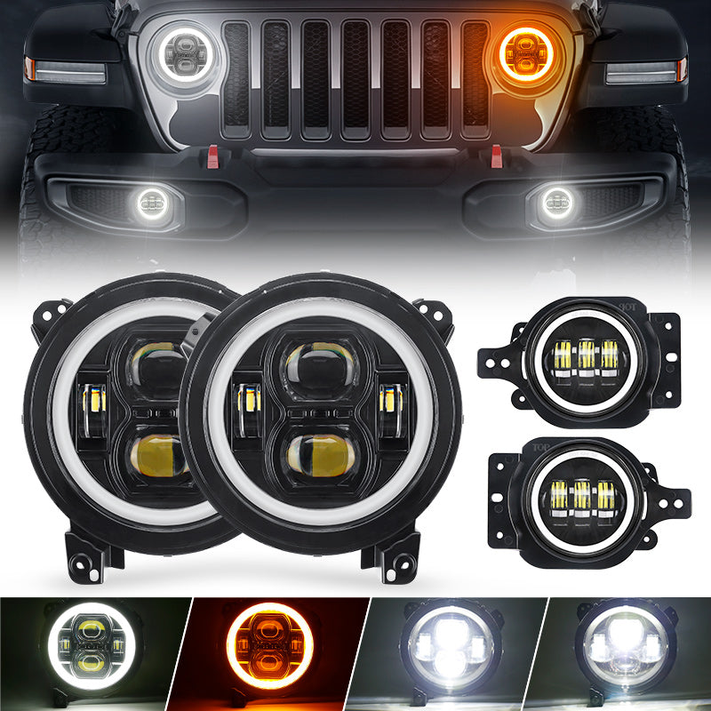 Classic 9" Halo LED Headlights With DRL & Amber Turn Signals & LED Halo Fog Lights For 2018-Later Jeep Wrangler JL And Gladiator JT