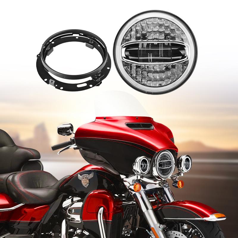 Harley LED Halo Headlight + Mounting Bracket 