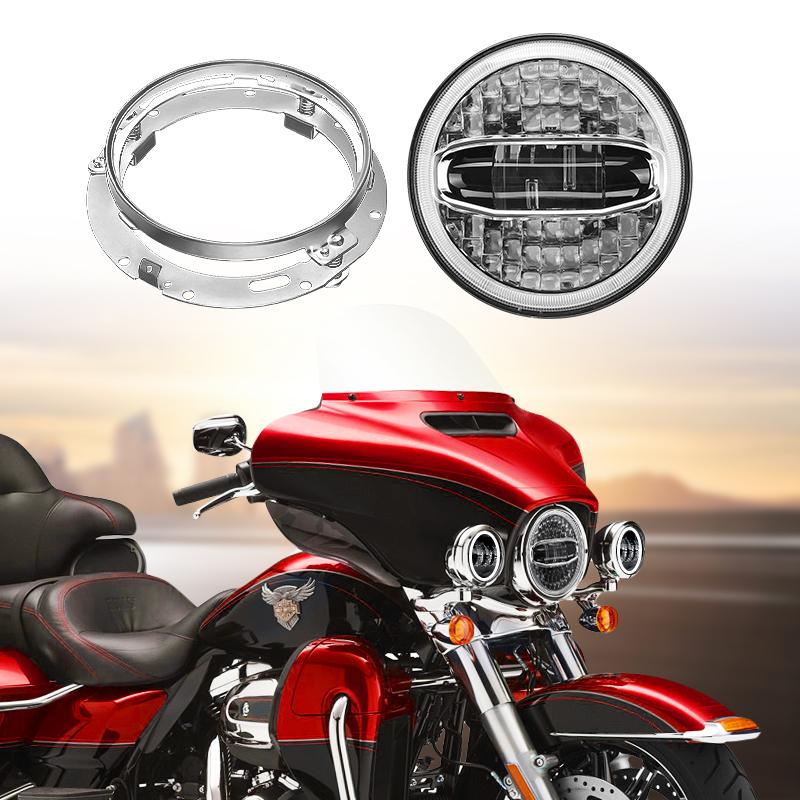 Harley LED Halo Headlight + Mounting Bracket 