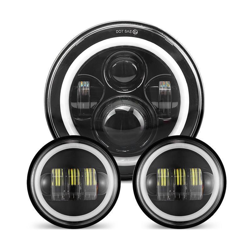 Harley 7 Inch LED Headlights with White Halo and Turn Signal Lights + 4.5 Inch LED Halo Fog Lights