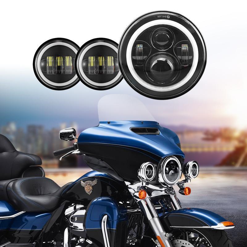 Harley 7 Inch LED Headlights with White Halo and Turn Signal Lights + 4.5 Inch LED Halo Fog Lights