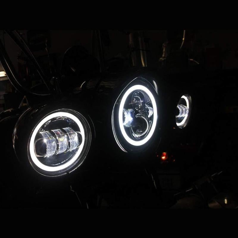 Harley 7 Inch LED Headlights with White Halo and Turn Signal Lights + 4.5 Inch LED Halo Fog Lights