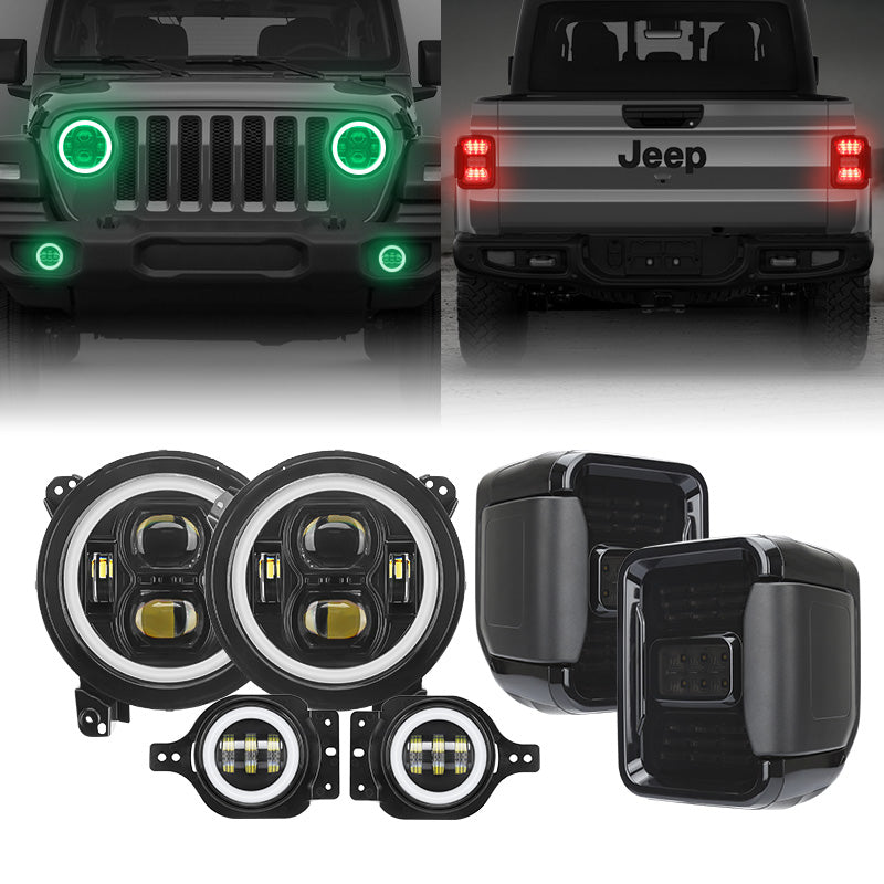 JT Mega Bundle - 9" LED RGB Halo Headlights, RGB Fogs, Tail Lights For Jeep Gladiator JT