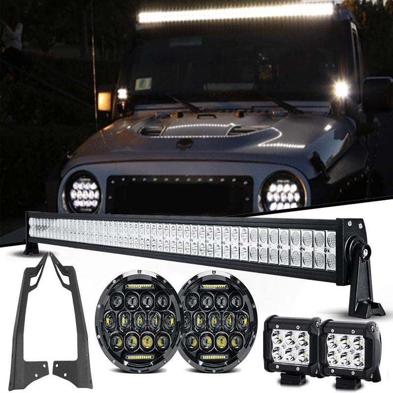 Jeep JK 52 Light Bar and LED Headlights and 2 Pods and Bracket