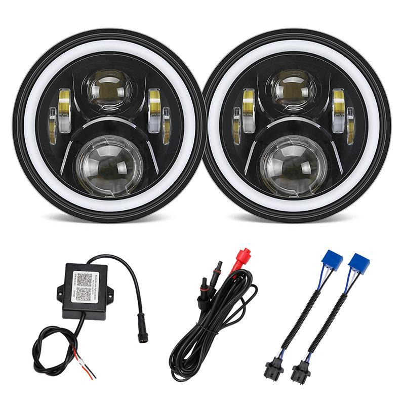 LED RGB Headlight With Halo DRL And Turn Signals + 9'' LED Headlight Bracket Ring for 2018+ Jeep Wrangler JL And Jeep Gladiator JT