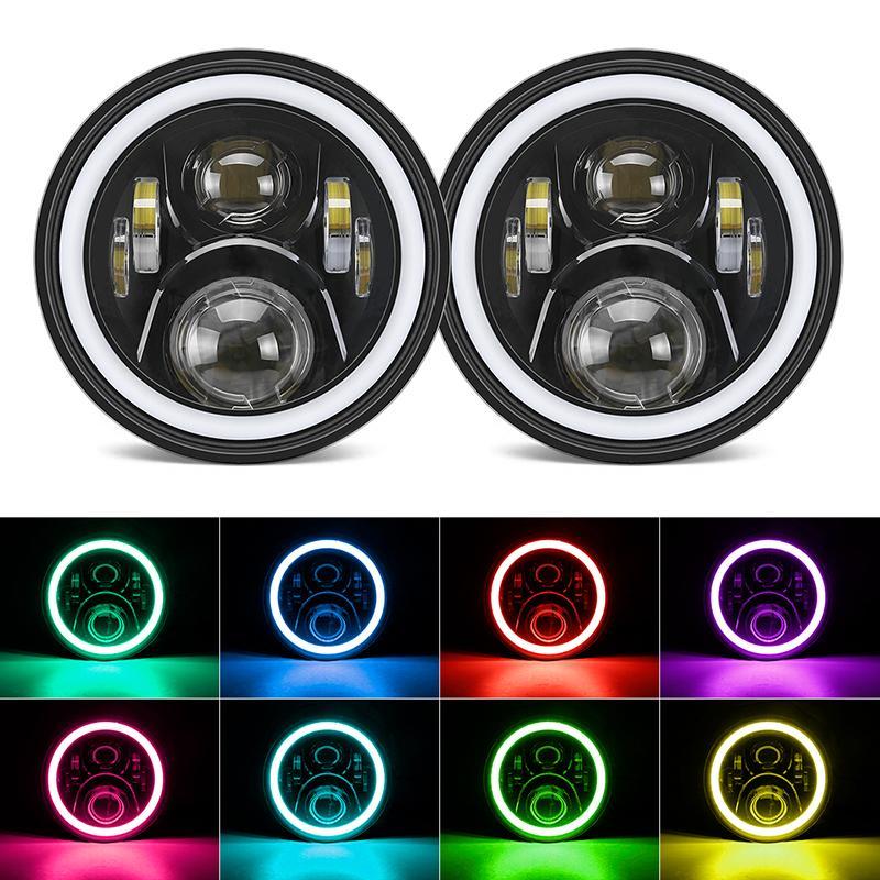 LED RGB Headlight With Halo DRL And Turn Signals + 9'' LED Headlight Bracket Ring for 2018+ Jeep Wrangler JL And Jeep Gladiator JT