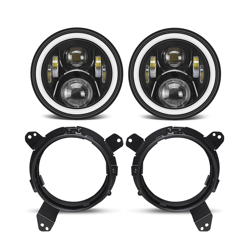 7" LED RGB Headlight With Halo DRL + 9'' LED Headlight Bracket Ring for 2018+ Jeep Wrangler JL And Jeep Gladiator JT