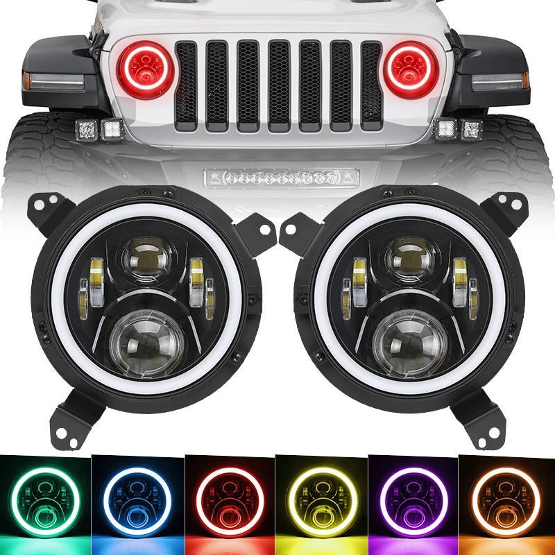 LED RGB Headlight With Halo DRL And Turn Signals + 9'' LED Headlight Bracket Ring for 2018+ Jeep Wrangler JL And Jeep Gladiator JT