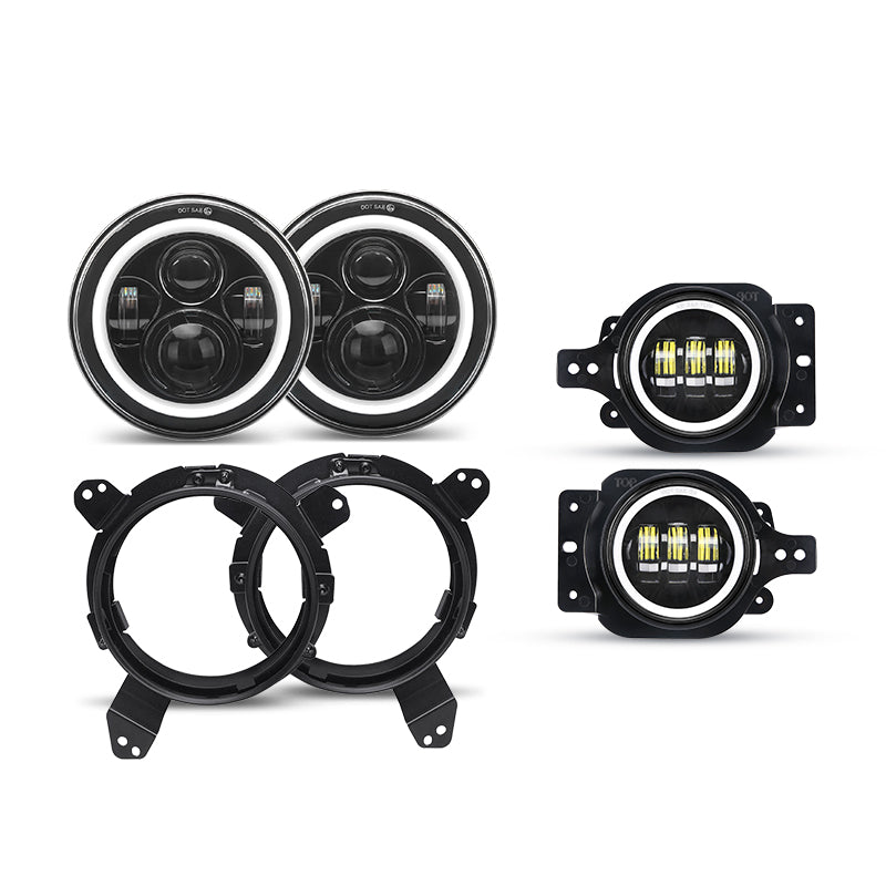 LED Halo Headlights with DRL and Turn Signal Lights + 9'' Headlight Bracket & LED Halo Fog Lights For 2018+ Jeep Wrangler JL And Gladiator JT