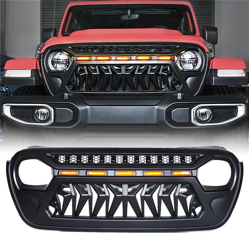 Jeep Wrangler JL JT Black Shark Grille with Amber LED Running Lights