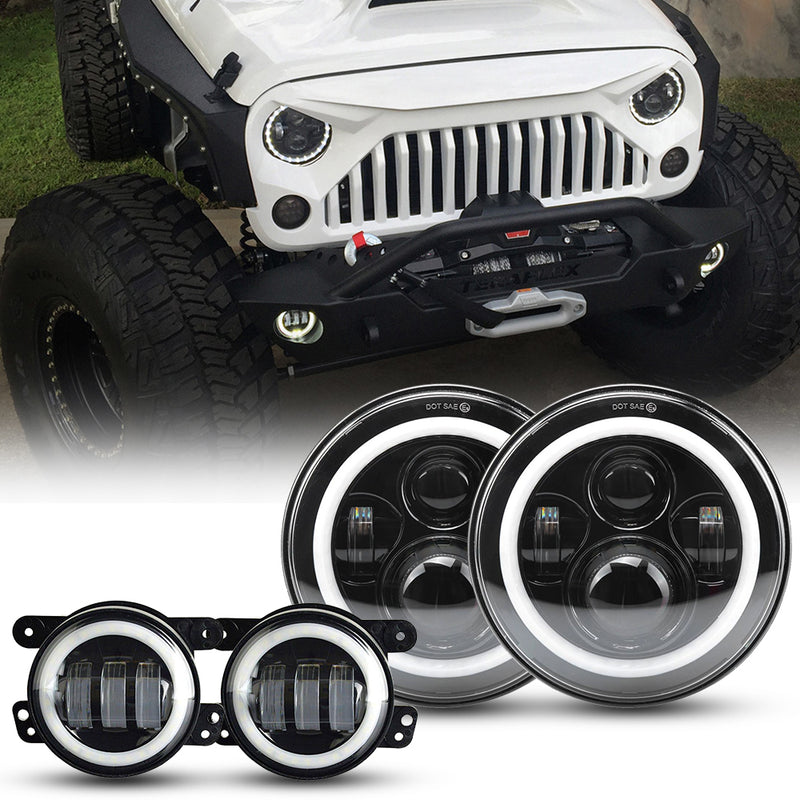 7 inch 80W Jeep Headlights With Angel Eyes & 4'' 30W Cree LED Halo Fog Light - LED Factory Mart