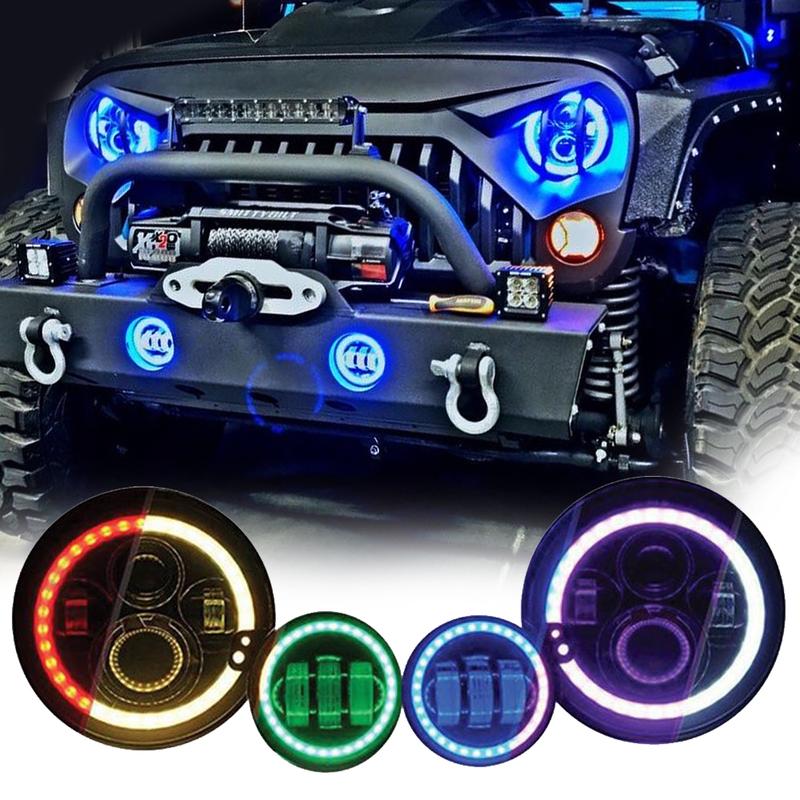 7inch RGB LED Headlights + 4inch LED Fog Light RGB Halos for Jeep Wrangler - LED Factory Mart