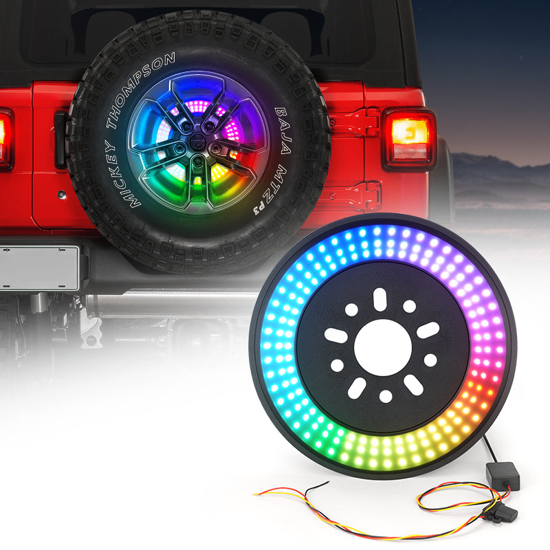 14" Dual Spare Tire RGB LED Brake Light with Remote Control for 2007-2018 Jeep Wrangler JK & 2018-Later Wrangler JL