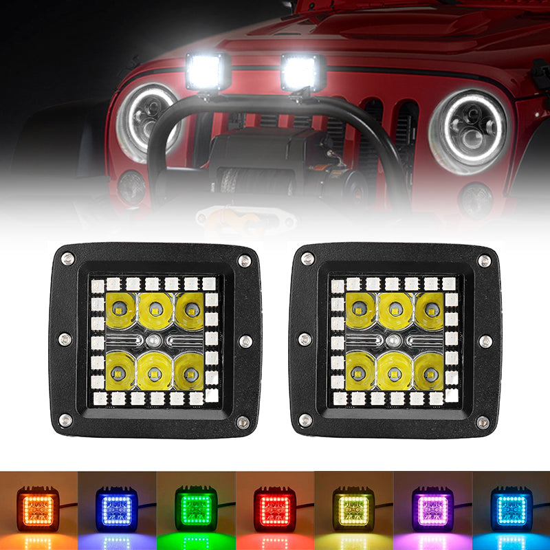 3" 18W Square LED Pods Work Light Bars with RGB Halo for Off-road Truck