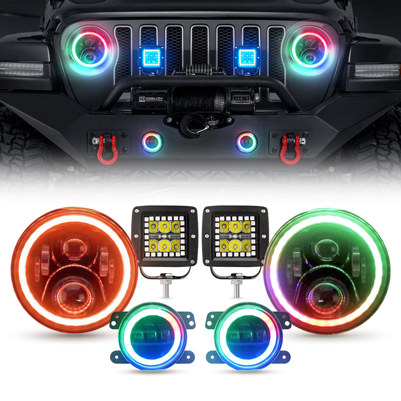 LED RGB Changing Headlights + RGB Fog Lights + RGB Work Lights Combo For 2007+ Jeep Wrangler