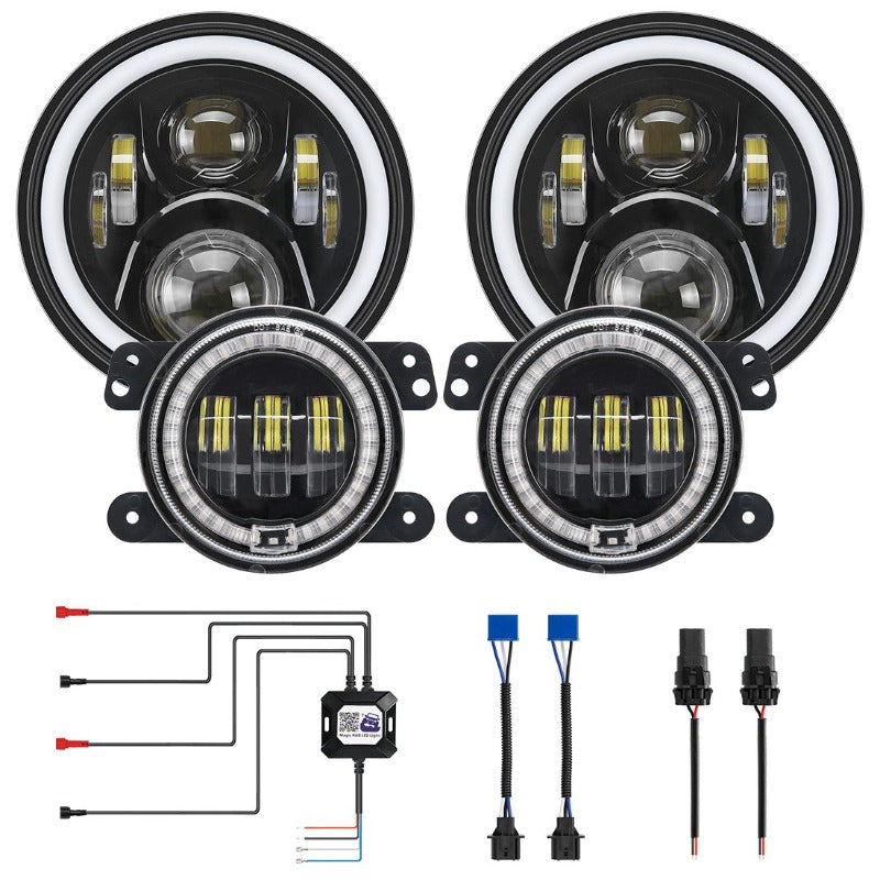 LED RGB Color Changing Halo Headlight with Amber Turn Signal + Fog Light Kit Combo For 2007-2018 Jeep Wrangler JK