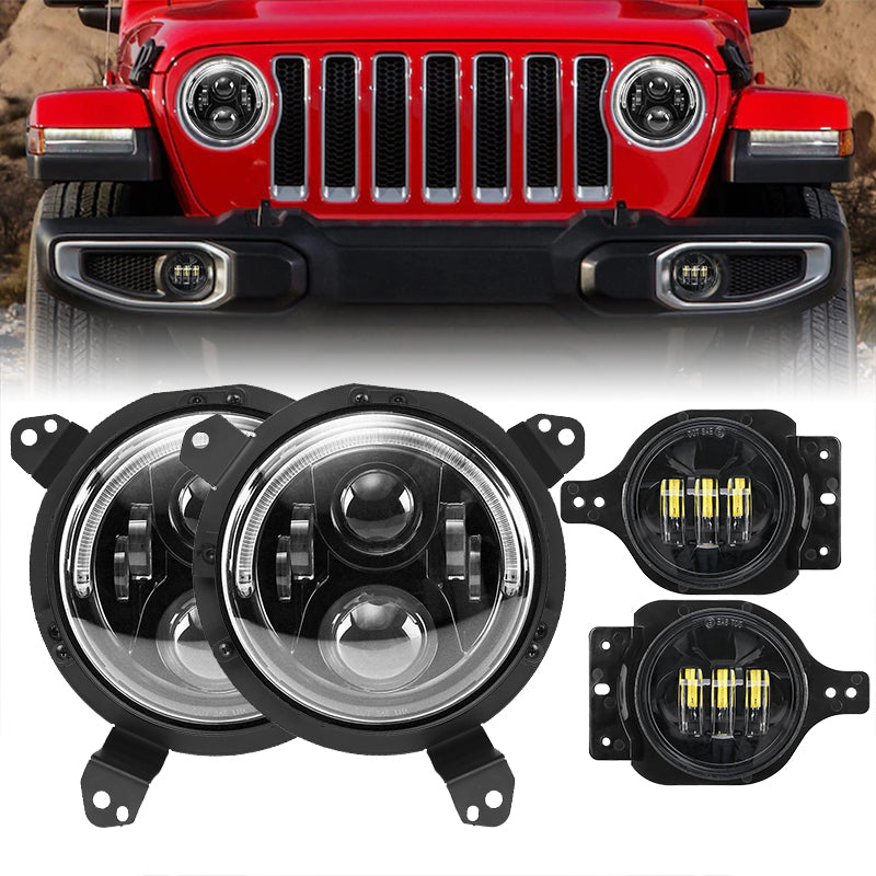 Brightest 120W LED Halo Headlight & Headlight Bracket & 4'' LED Fog Lights For 2018+ Jeep Wrangler JL Sport & Jeep Gladiator JT Sport/Sport S