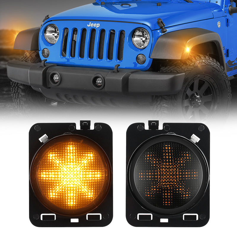 Snowflake Style LED Front Fender Side Smoked Turn Signal Lights for 2007-2018 Jeep Wrangler JK