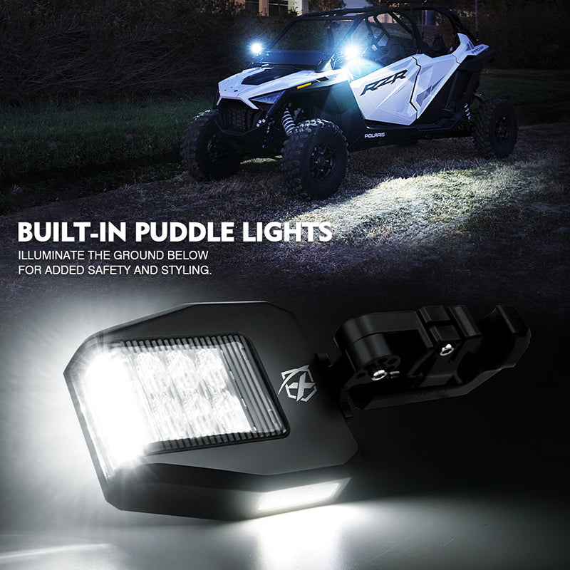 UTV Side Mirrors with LED Spotlight & Puddle Lights for 1.5" to 2" Rollbar Cages