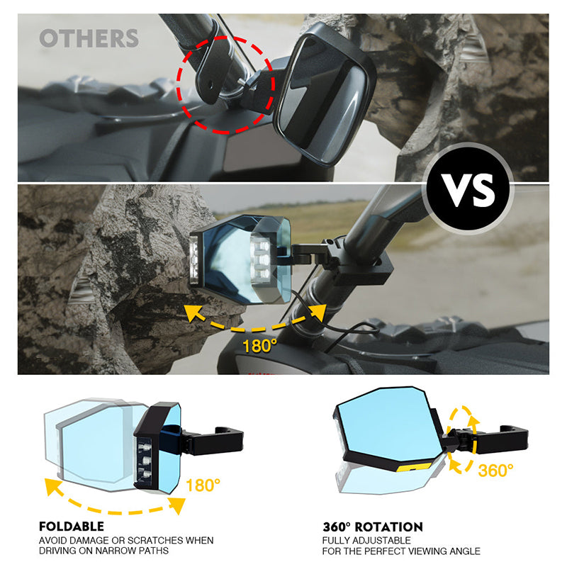 UTV Side Mirrors with LED Spotlight & Puddle Lights for 1.5" to 2" Rollbar Cages