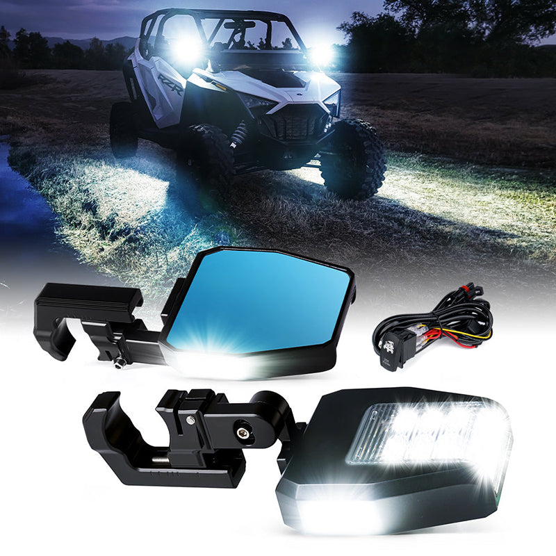 UTV Side Mirrors with LED Spotlight & Puddle Lights for 1.5" to 2" Rollbar Cages