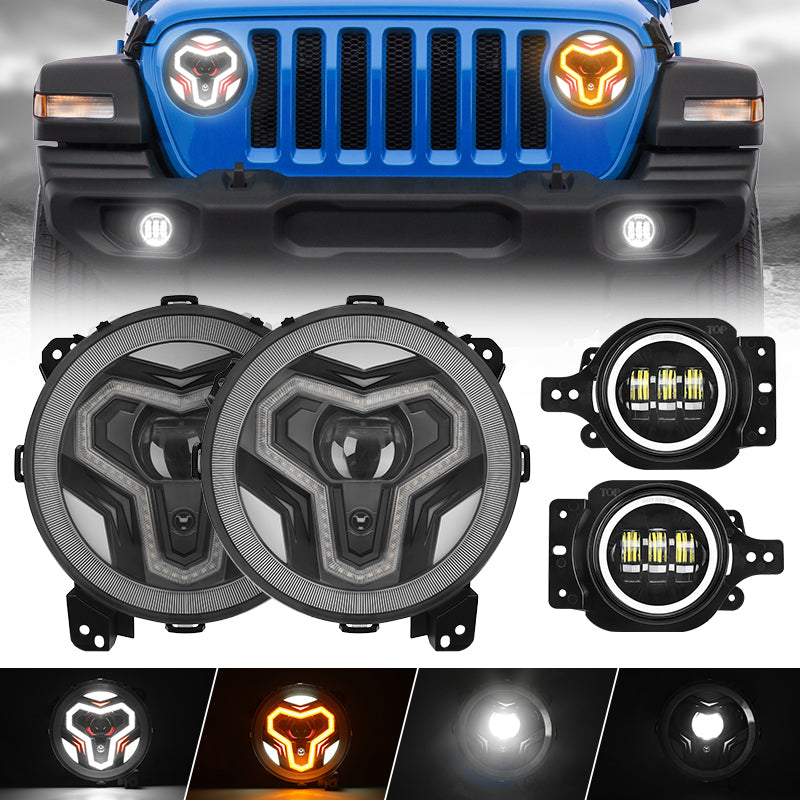 Warrior Style 9 LED Halo Headlights & Amber Turn Signals & LED Halo Fog Lights For 2018-Later Jeep Wrangler JL & Gladiator JT