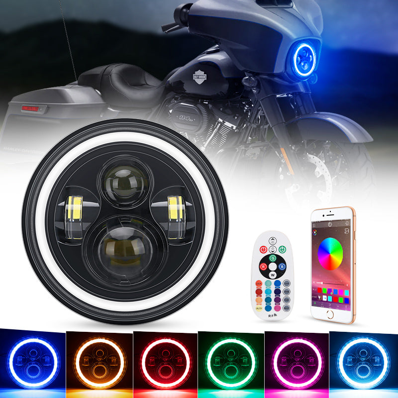 7" LED Headlights with RGB Halo Angel Eye App Or Remote Control for Motorcycle