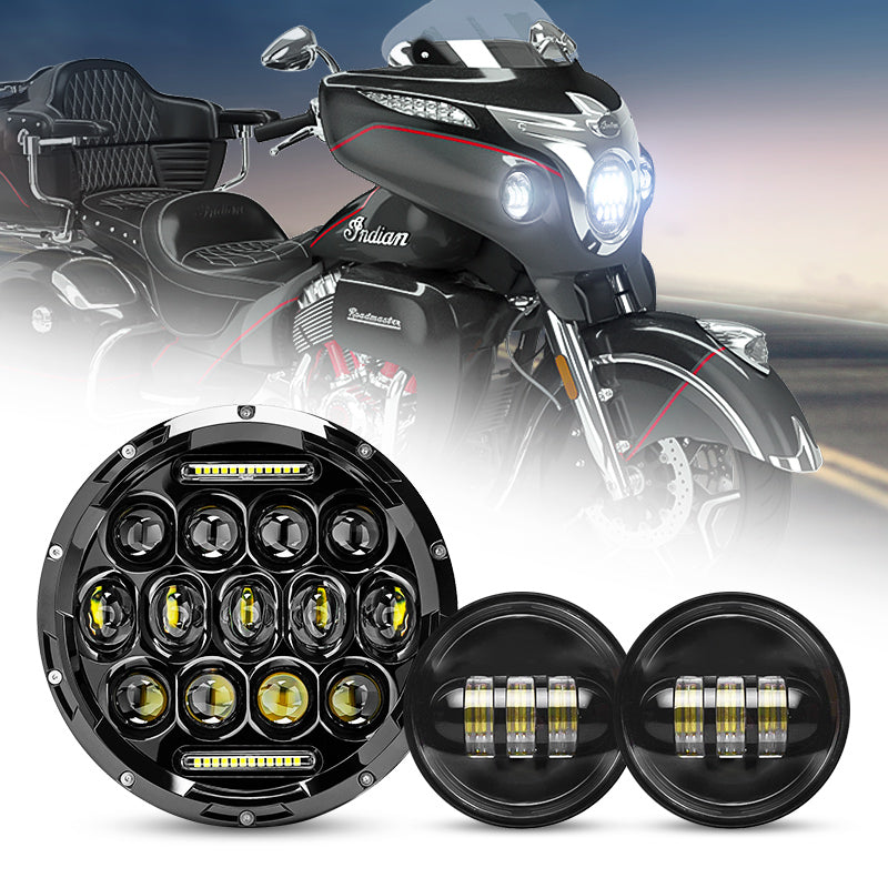7" 75W LED Headlight Assembly + 4.5" 30W LED Passing Lights for Indian Motorcycles