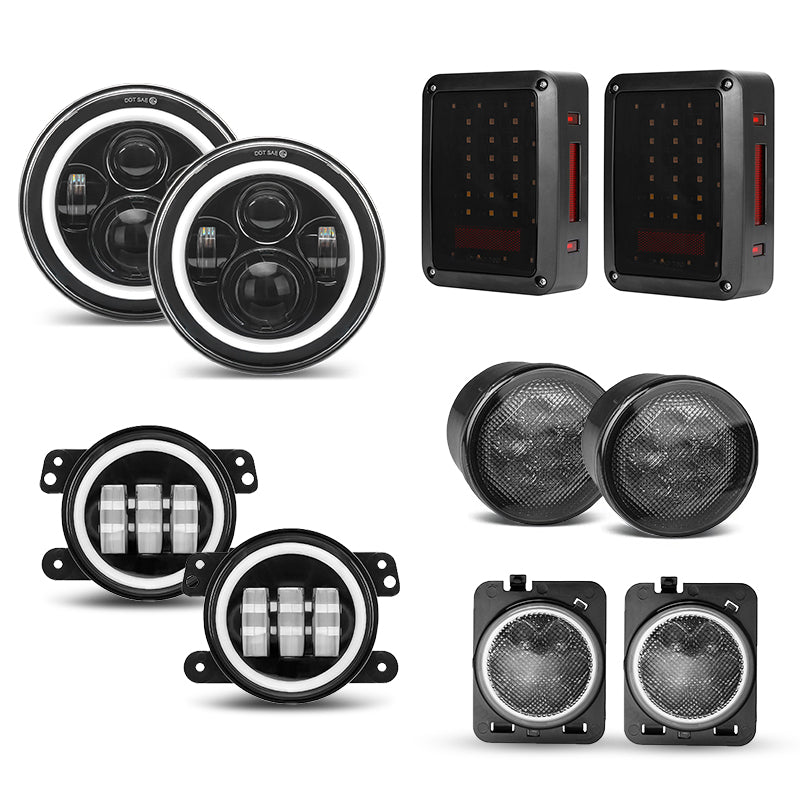 Jeep JK 7" Halo Headlights, 4" Halo Fog Lamps, Front Turn Signals, Fender Turn Signals & Tail Lights