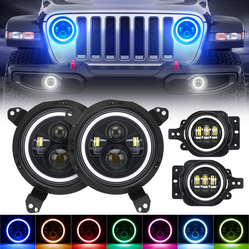 LED RGB Headlight With Halo DRL + 9" Headlight Bracket + 4" Round LED Halo Fog Light